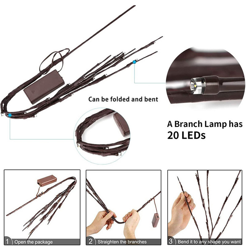 20 de becuri LED Ramă de salcie Lampă Umplutură naturală pentru vază înaltă Ramă de salcie Ramă iluminată Lumini decorative pentru nuntă de Crăciun