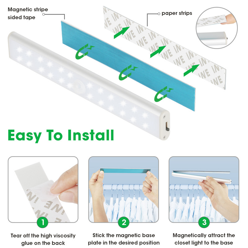 6 10 24 40 60 LEDid kapi all Öövalgus Liikumisandur Kapp Valgustus Köök Magamistoa Valgustus Magnetribaga seinalamp