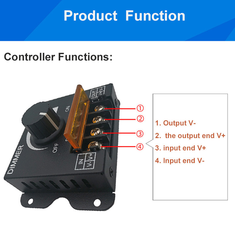 Līdzstrāvas 12V 24V LED reostata slēdzis 30A Max sprieguma regulators regulējams kontrolieris LED sloksnes gaismas lampas LED aptumšošanas dimmers