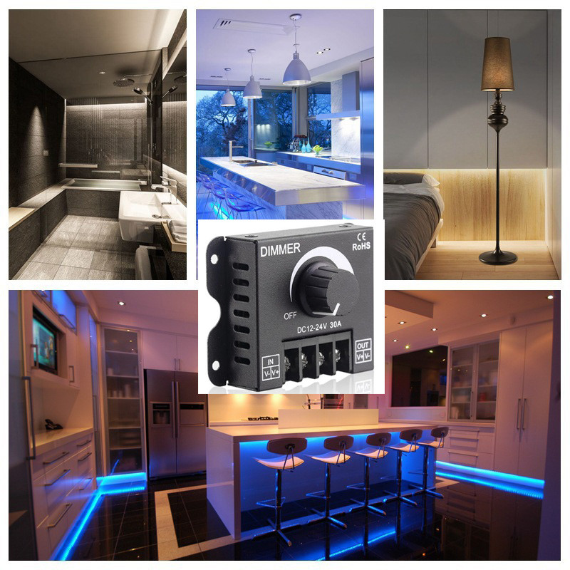Līdzstrāvas 12V 24V LED reostata slēdzis 30A Max sprieguma regulators regulējams kontrolieris LED sloksnes gaismas lampas LED aptumšošanas dimmers