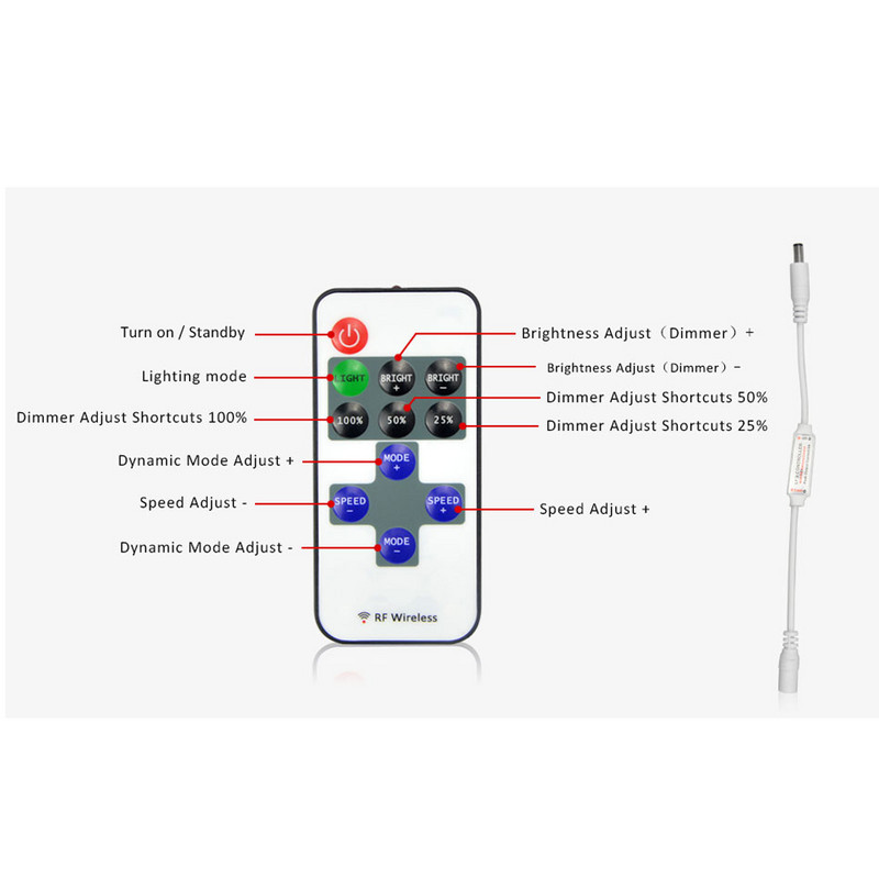 Аксесоари за LED ленти RF безжично дистанционно управление Димер DC5V-24V Подходящ за едноцветна LED неонова светлина LED лента 5050 2835