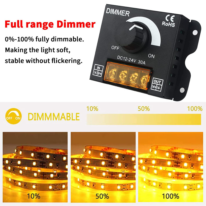 1Gb DC12V-24V LED reostats 30A 360W Regulējama sloksne vienkrāsainiem LED sloksnes gaismas lampas LED aptumšojošiem dimmeriem
