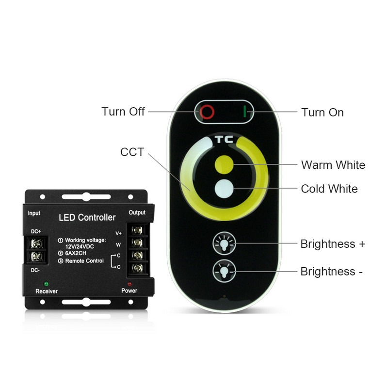 CCT reostata kontrolieris 12V 24V CCT LED sloksnes gaismas aptumšojamam RF tālvadības pults vai pieskāriena vai 86 paneļa vadībai no 2700K līdz 6500K maināma