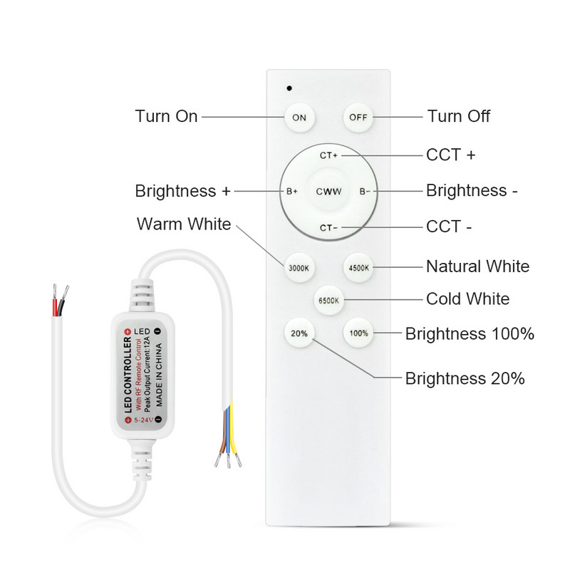 CCT reostata kontrolieris 12V 24V CCT LED sloksnes gaismas aptumšojamam RF tālvadības pults vai pieskāriena vai 86 paneļa vadībai no 2700K līdz 6500K maināma