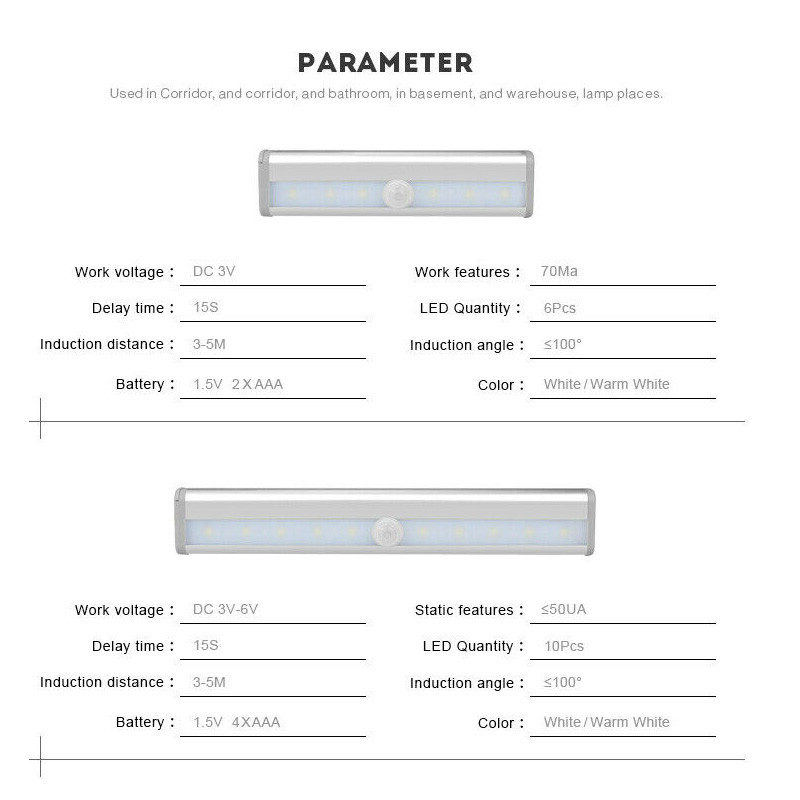 PIR LED svjetlo senzora pokreta Ormar Ormar Noćna svjetiljka LED ispod ormarića Noćno svjetlo za ormar Stepenice Kuhinja