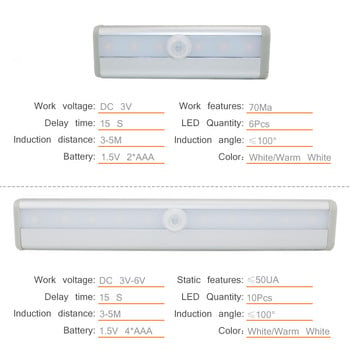 PIR сензор за движение LED осветление за шкаф 6 /10 светодиода Автоматичен сензор Гардероб Осветление за килер Нощна лампа за чекмедже за вътрешна употреба