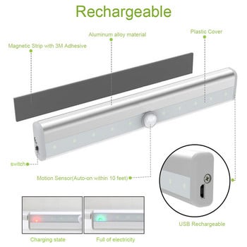 PIR лампа със сензор за движение LED осветление за шкафове USB акумулаторни лампи за гардероб Нощни лампи 10 LED за кухня, спалня, гардеробно осветление