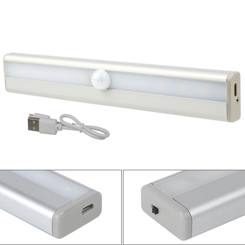 PIR mozgásérzékelő lámpa LED szekrény lámpa USB újratölthető szekrény lámpák éjszakai lámpák 10 LED konyhához hálószoba gardrób világítás