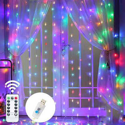 Cortina LED șir de lumini Decorație de Crăciun 3m Telecomandă USB Festoon Vacanță Nuntă Zână Decor în aer liber Ghirlandă Lumini