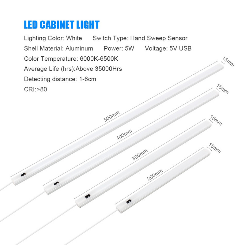Kézseprő érzékelő USB LED szekrény alatti világítás 20/30/40/50cm fehér 6000K kézhullám aktiválva konyhai hálószoba gardrób szekrényhez