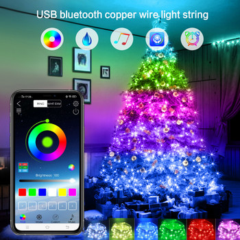 Нов USB 10M 100LED интелигентен Bluetooth Led медна жица Светлинна струна Управление на приложението Декорация на коледно дърво Новогодишен гирлянд за фея