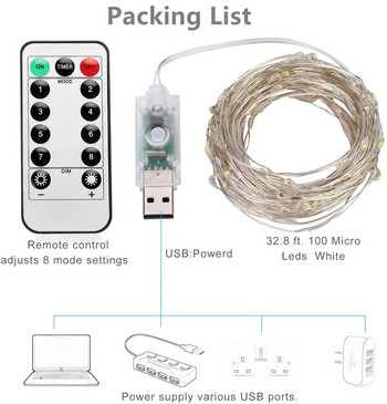 Γιορτινά Φωτάκια Led Fairy String USB με 13Key Control 8Mode 5/10M/20M Λάμπα γιρλάντες για Χριστουγεννιάτικη διακόσμηση σπιτιού γάμου