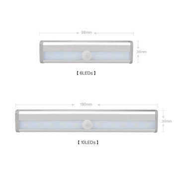 6/10 светодиода PIR LED светлина със сензор за движение Безжична лампа за шкаф, гардероб, нощна лампа за шкаф, нощна лампа за шкаф, стълби, кухня