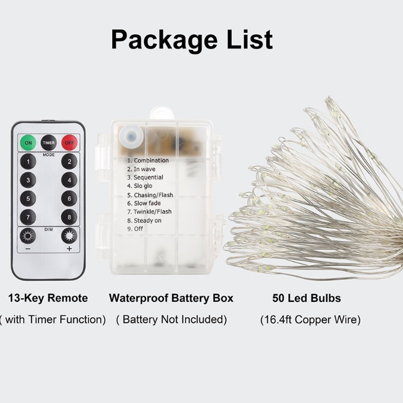 5M 10M LED 8 režimų styginių lempučių baterija, veikianti su nuotolinio valdymo pulteliu Fairy vandeniui atspari šviesa Kalėdų vestuvių vakarėliui lauke