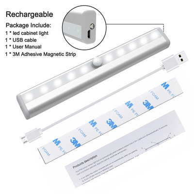 PIR szekrény alatti lámpa USB újratölthető mozgásérzékelős szekrény lámpák vezeték nélküli mágneses ragasztható vezeték nélküli 10 LED éjszakai fénysáv