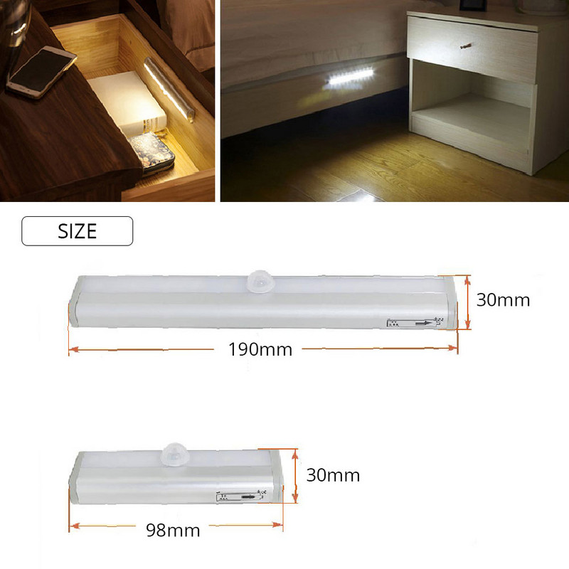 LED 10LED USB spintelė Šviesos spinta spinta spinta spinta virtuvės įkraunama lempa su PIR judesio jutikliu nakties šviesos spintos lempa