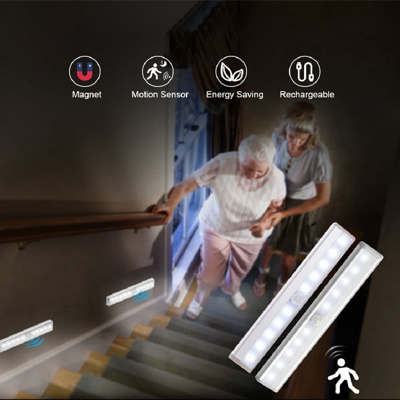 LED 10LED USB spintelė Šviesos spinta spinta spinta spinta virtuvės įkraunama lempa su PIR judesio jutikliu nakties šviesos spintos lempa