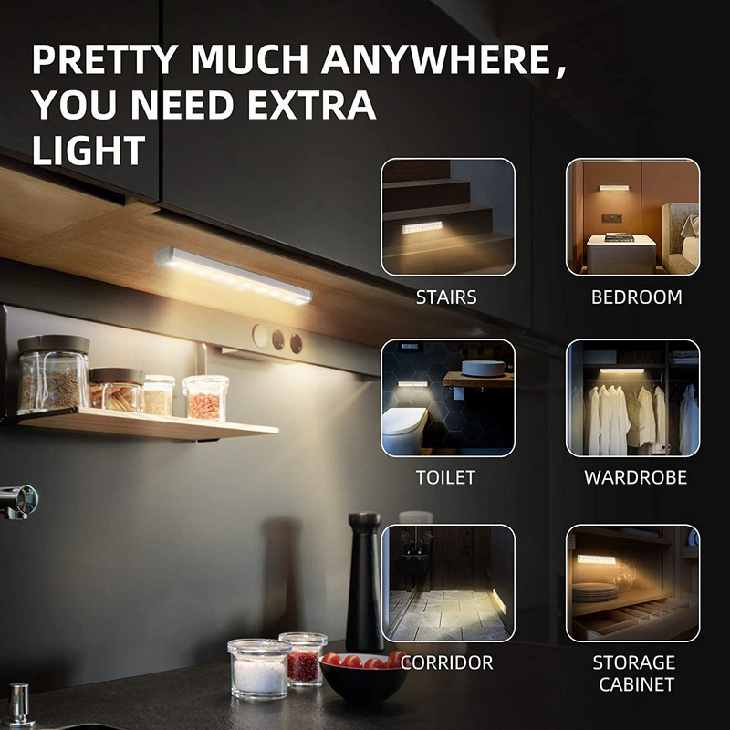 6/10 LED indukcijska rasvjeta ispod ormarića Senzor pokreta Noćna svjetiljka za ormar Svjetlo s magnetskom trakom na baterije za kuhinjski ormar