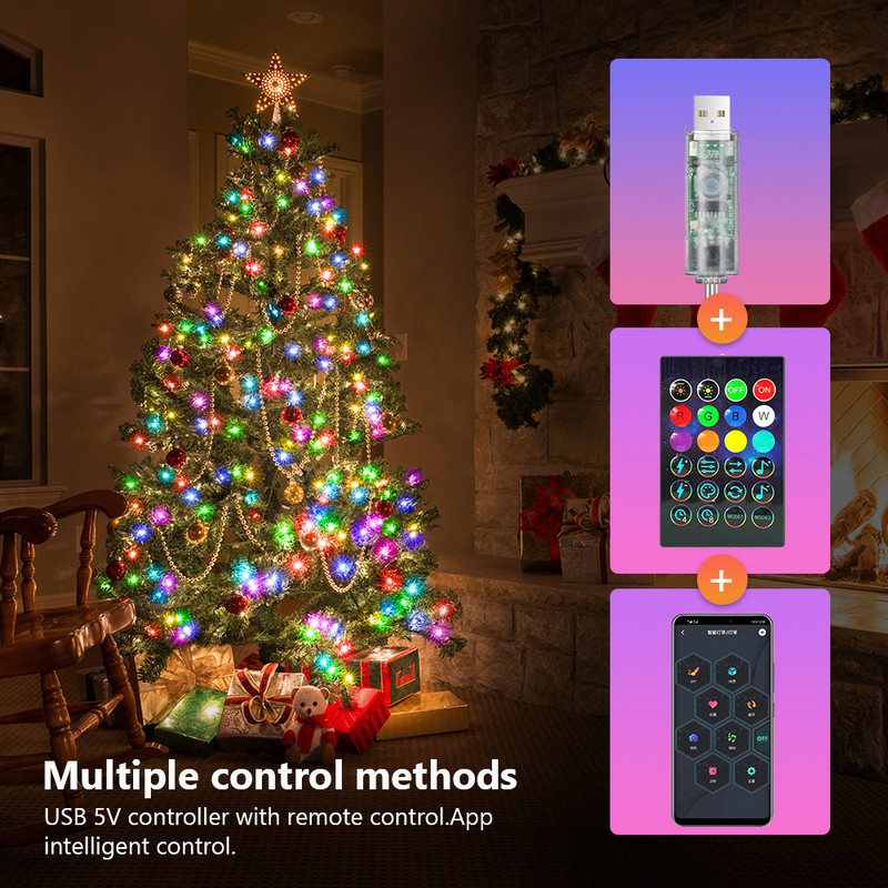 LED juostiniai šviestuvai Kalėdų eglutės RGB šviestuvai Smart Bluetooth USB LED styginė lempa „pasidaryk pats“ spalvota lauko girlianda „Fairy Lights“ dekoravimas