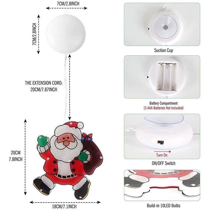 Pom de Crăciun Om de zăpadă Moș Crăciun Lumini suspendate pentru fereastră cu cârlig cu ventuză pentru vacanța de Anul Nou decor interior exterior