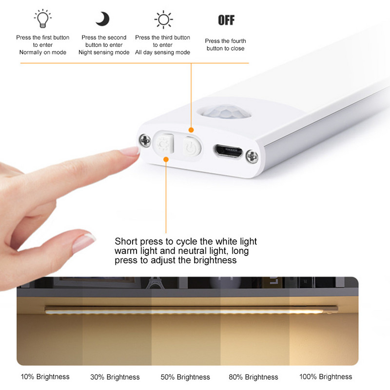 Λάμπα ντουλάπας με αισθητήρα κίνησης 3 χρώματος ντουλαπιού Επαναφορτιζόμενο φωτιστικό LED νύχτας USB για ντουλάπα Ντουλάπα ντουλάπα κουζίνας