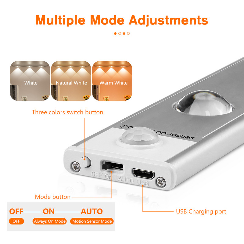 Īpaši plāns kustības sensora gaisma usb uzlādējams korpusa gaismas diode 30cm 40cm roku slaucīšana virtuves skapis iekštelpu nakts gaisma
