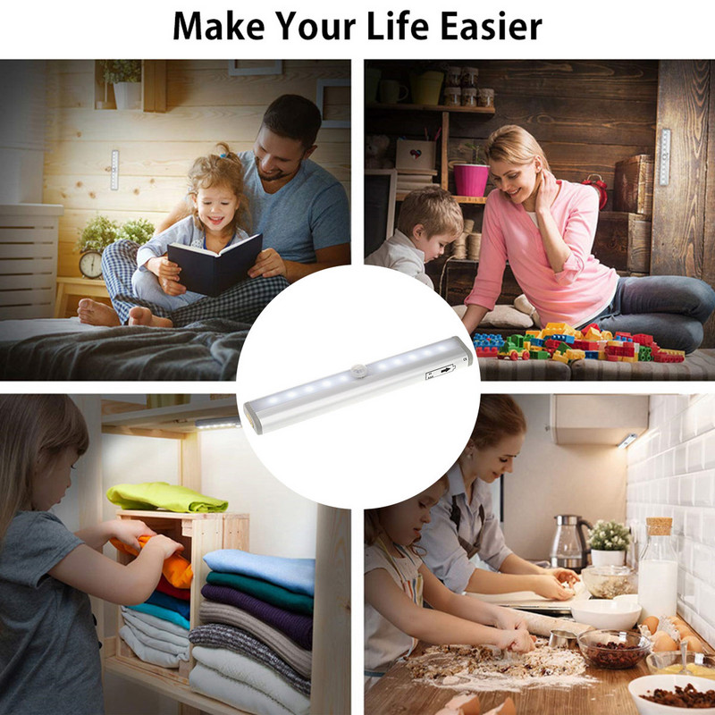 Baterie LED dulap bară de lumină de noapte cu senzor de mișcare PIR dulap de lumină pentru dulap de bucătărie dulap pentru decorarea peretelui casei lampă de noapte