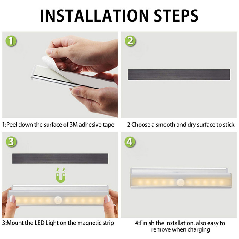 Baterie LED dulap bară de lumină de noapte cu senzor de mișcare PIR dulap de lumină pentru dulap de bucătărie dulap pentru decorarea peretelui casei lampă de noapte