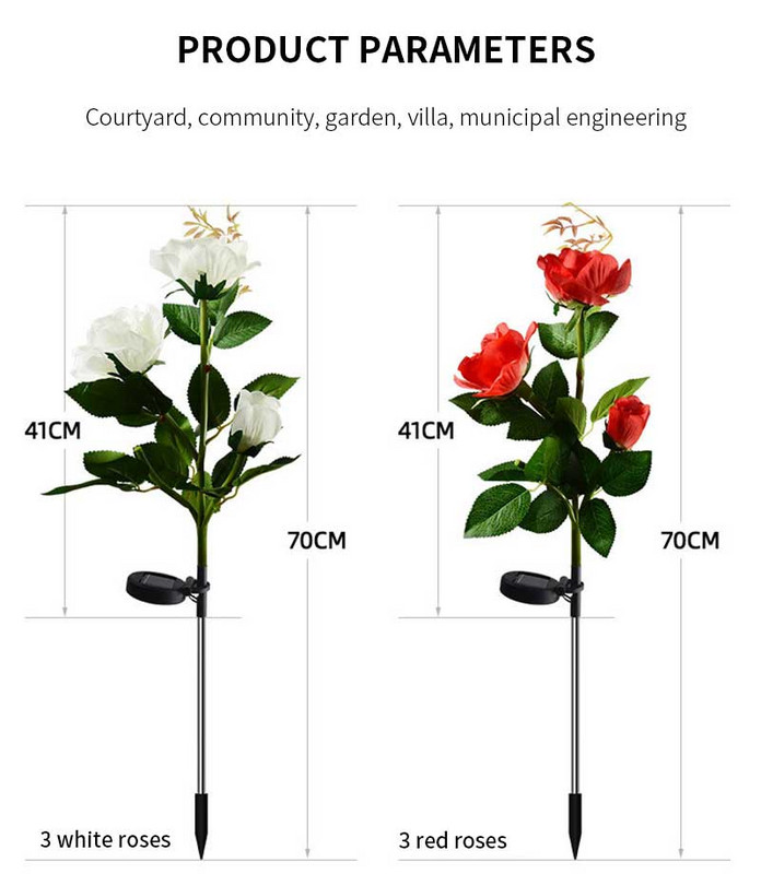 3 fejes LED-es napelemes szimuláció Rózsa virág Fény Kert Udvar Pázsit Éjszakai lámpa Vízálló táj Rózsa Fény Otthoni dekoráció