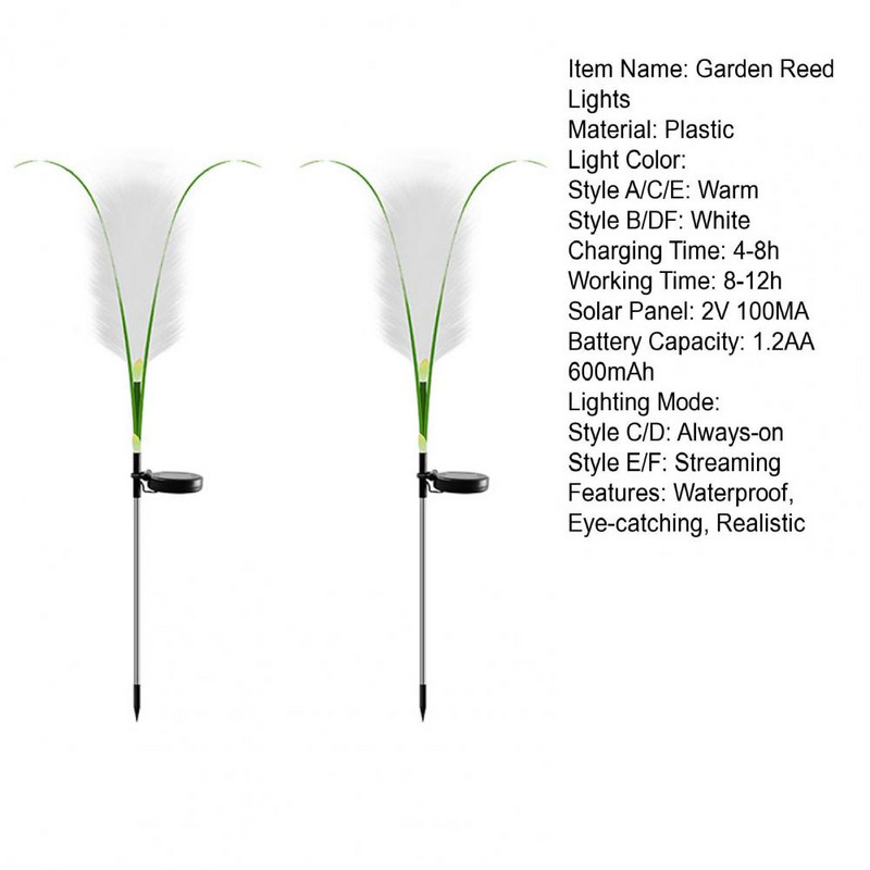 2db napelemes reed lámpák valósághű megjelenésű, automatikus töltésű kültéri kerti lámpák napenergiával működő reed lámpák kerti kellékek
