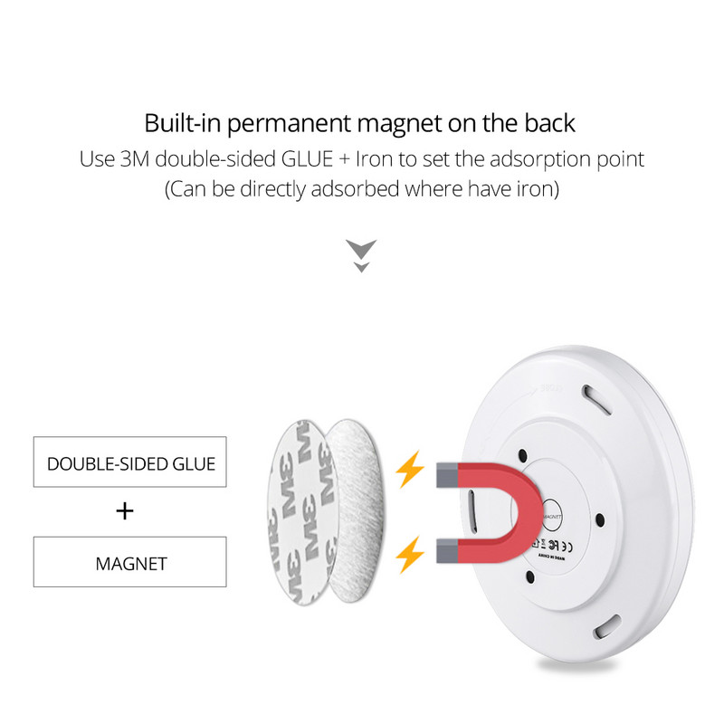 Belaidis apvalaus judesio jutiklis LED naktinės šviesos baterijos maitinamos naktinės lempos spintelės apšvietimas prie lovos miegamojo namų spintos apšvietimas