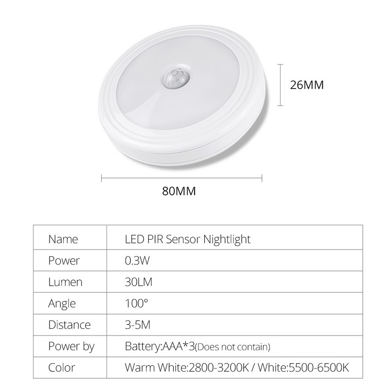Belaidis apvalaus judesio jutiklis LED naktinės šviesos baterijos maitinamos naktinės lempos spintelės apšvietimas prie lovos miegamojo namų spintos apšvietimas