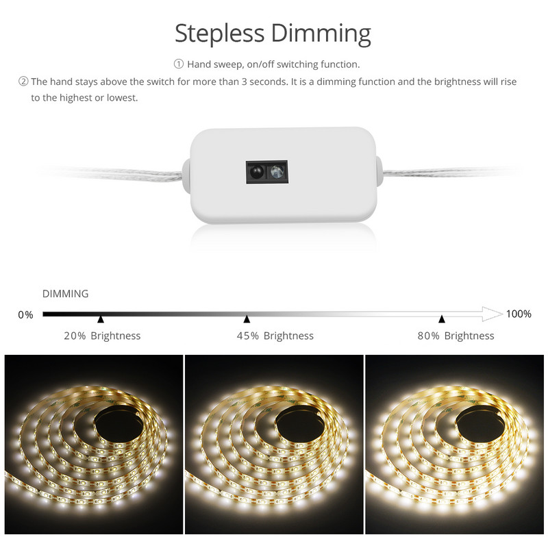 USB lempos virtuvės Led spintelės šviesos lempos rankinio šlavimo jutiklis DC 5V vandeniui atsparus šiltai balta juosta LED juostelė išmaniosios nakties lemputės