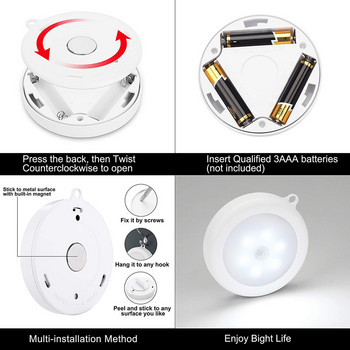 Безжичен кръгъл сензор за движение LED нощна лампа Захранвана от батерии Лампа за шкаф Нощни светлини за Осветление на спалня Кухненски шкаф