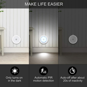 Безжичен кръгъл сензор за движение LED нощна лампа Захранвана от батерии Лампа за шкаф Нощни светлини за Осветление на спалня Кухненски шкаф