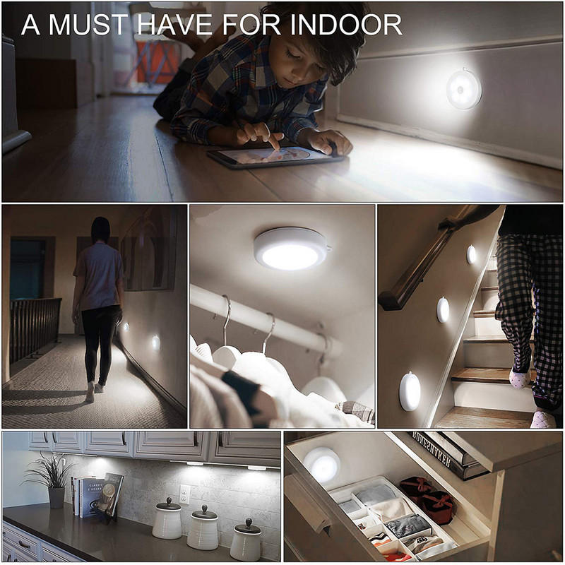 Bežični okrugli senzor pokreta LED noćna svjetiljka Svjetiljka za ormarić na baterije Noćna svjetla za spavaću sobu Kuhinjski ormar Rasvjeta