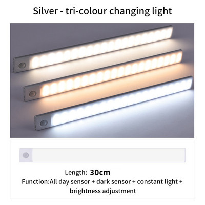 Naktinė šviesa 20/30/40 cm Itin plona LED šviestuvų spintelė šviesos judesio jutiklis, belaidis c tipo, skirtas virtuvės miegamojo spintos apšvietimui