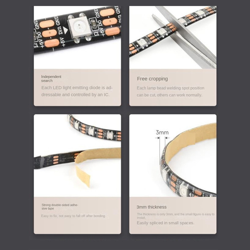 WS2812 RGB lampas sloksne 5050 gaismas lodītes ar augstu spilgtumu, enerģijas taupīšanu, zemu patēriņu, griešanas programmējamu LED lampu (1 M)