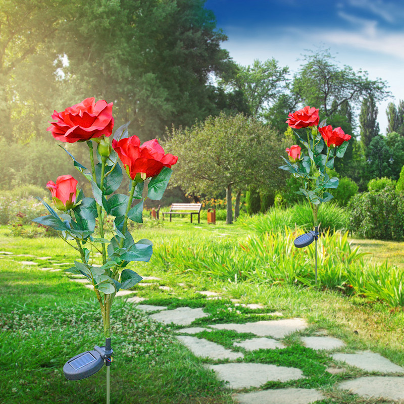 3 LED saules ziedu gaismas rožu zieds ar lapu lampu dārza dekorēšanai āra ūdensnecaurlaidīga zāliena ainavas lampa pagalma iekšpagalmam