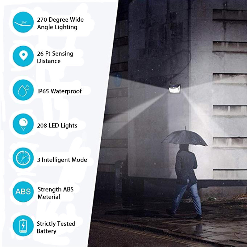 Nova 208 LED solarna svjetiljka za vanjsko svjetlo, senzor pokreta, zidna svjetiljka, vrtna staza, ulična svjetiljka, vodootporni reflektor na solarni pogon