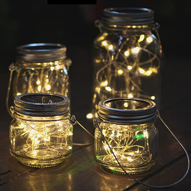 6 vnt., 20 šviesos diodų „Fairy Light Solar“, skirtas „Mason Jar“ dangtelio įdėklui, keičiantis spalvą sodo dekorui Kalėdų žibintai lauko vestuvių dekoras