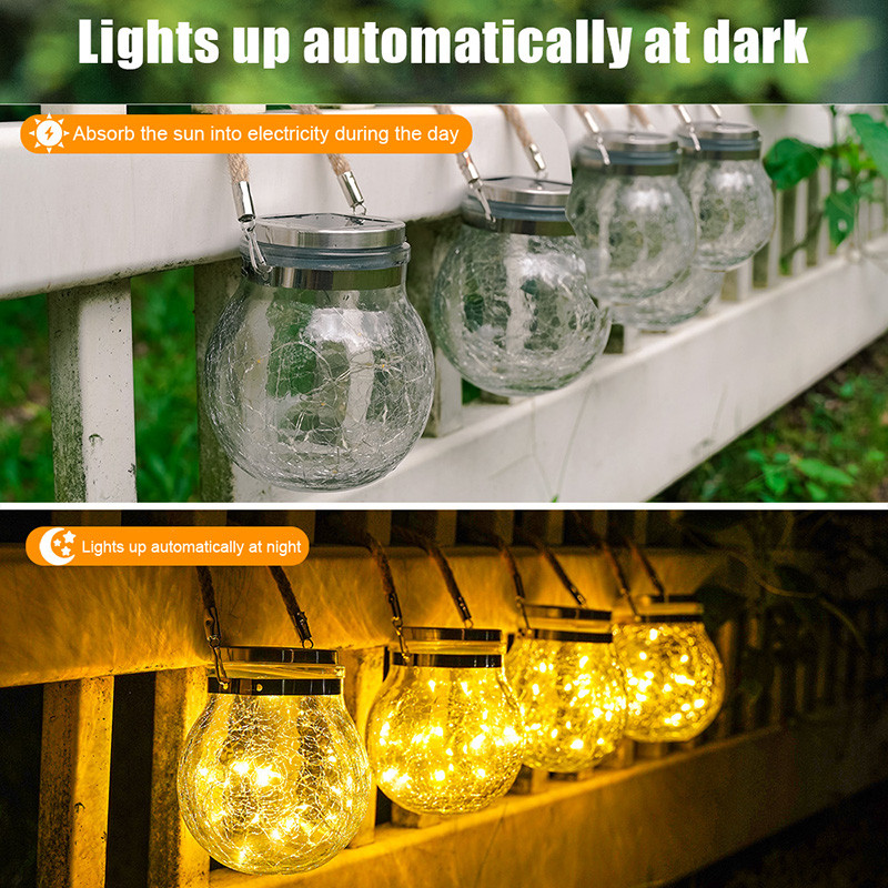 Kabantys saulės šviestuvai, traškantys stikliniai gaubliai LED stiklainių šviestuvai sodo dekoravimui, vandeniui atsparūs lauke, kiemo tvoros stulpams _WK