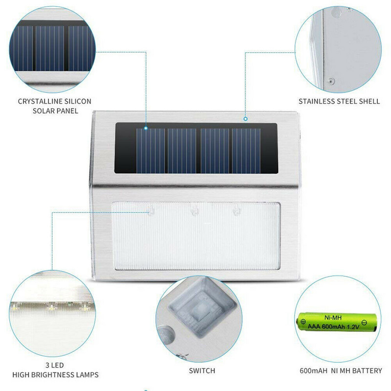 Solar Light 3LED kültéri kerti út lépcső lámpa vízálló rozsdamentes acél energiatakarékos LED napelemes fali lámpa