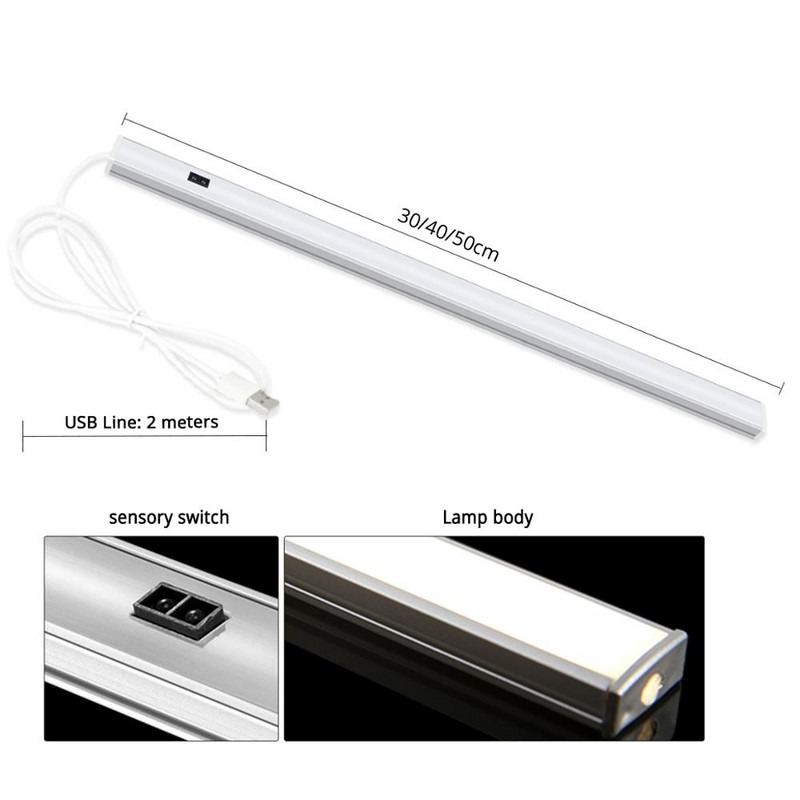 USB LED-es mozgásérzékelő a szekrény alatt Konyhai világítás Kézi seprő hálószoba szekrény Éjszakai lámpa meleg fehér 30/40/50 cm-es bárlámpa otthoni lámpa