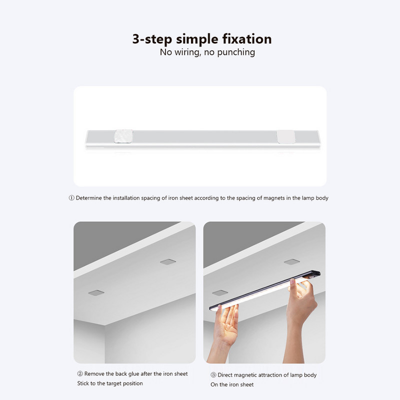 Senzor de mișcare Lumină de noapte Baterie de mare capacitate Lampă magnetică de iluminat pentru bucătărie Instalare ușoară Mobilier pentru articole de uz casnic ultrasubțire
