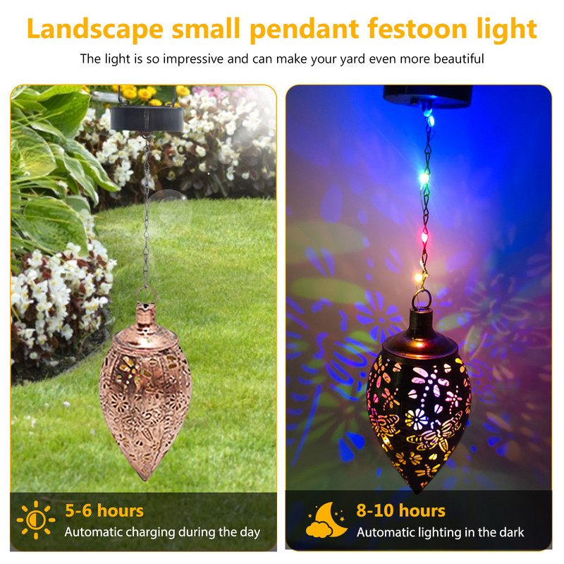 Vintage napelemes kerti lámpás függő vetítőlámpa üreges vas művészet színes vízálló világító díszek gyep udvari dekoráció