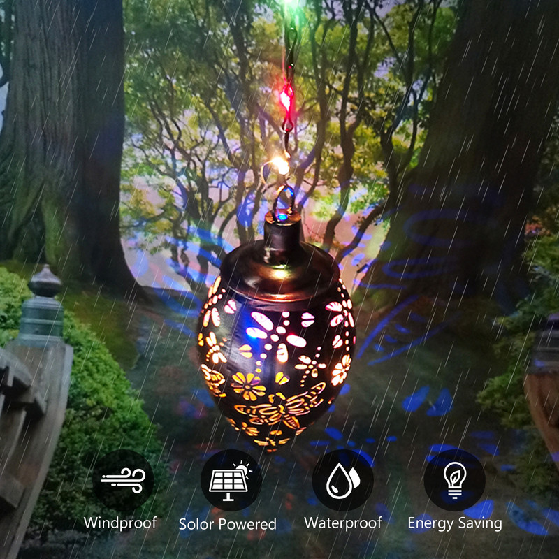 Vintage napelemes kerti lámpás függő vetítőlámpa üreges vas művészet színes vízálló világító díszek gyep udvari dekoráció