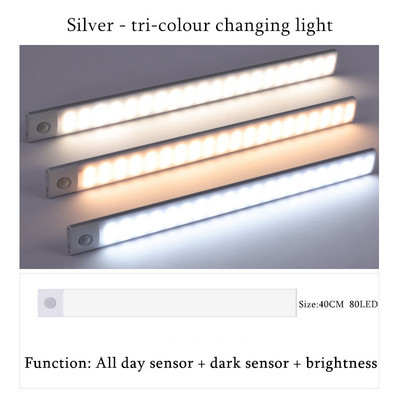 Ultra-tanka noćna svjetiljka Bežični senzor pokreta LED punjiva donja rasvjeta Trobojna svjetiljka za ormar za spavaću sobu