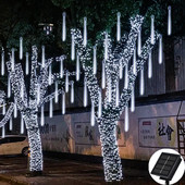 Уличен гирлянд Метеоритен дъжд Дъжд 8/10 тръби LED слънчева струнна светлина Външна приказна светлина Коледна елха Декорация Градински светлини
