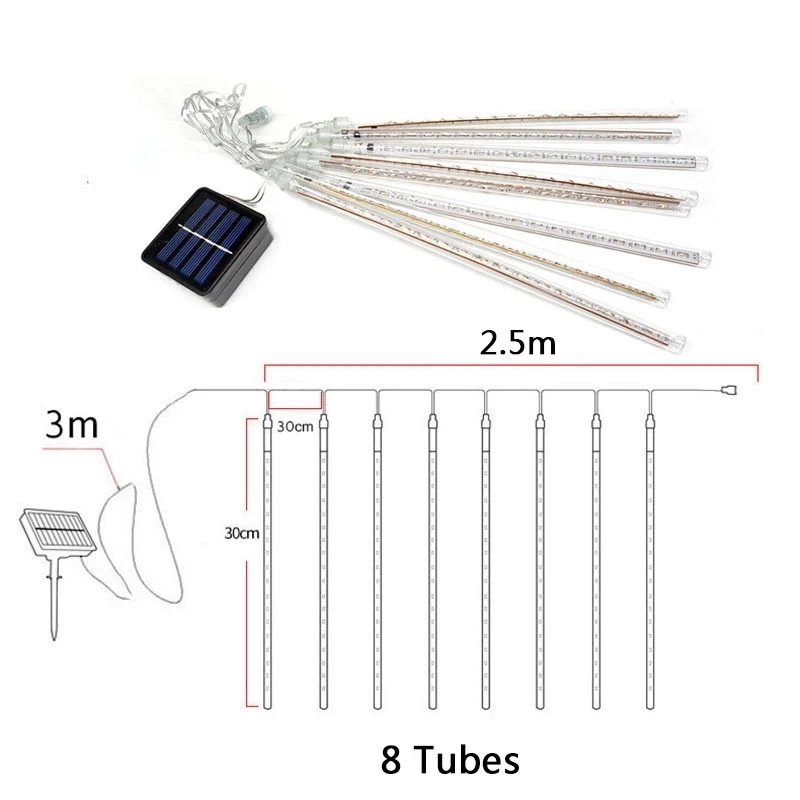 Уличен гирлянд Метеоритен дъжд Дъжд 8/10 тръби LED слънчева струнна светлина Външна приказна светлина Коледна елха Декорация Градински светлини